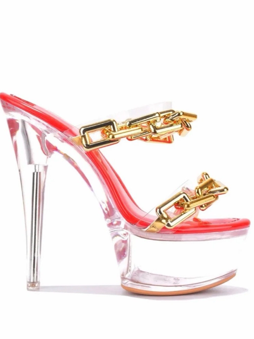 Cape Robbin Clear Platform Sandal with Red Upper and Gold Chain